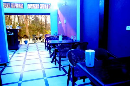 Rāni PokhriJolly Hill Stay的餐厅拥有蓝色的墙壁和桌椅
