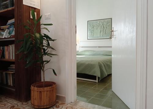 朱尔迪尼亚诺Gli Archi Country Home的卧室,床边有盆栽植物