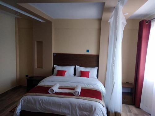 马查科斯Lysak Haven Park hotel的一间卧室配有一张带红色枕头的大床