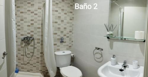 梅里达Los Álamos的带淋浴、卫生间和盥洗盆的浴室