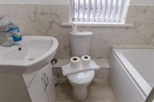 纽波特Queens Croft Abode的浴室配有卫生间、盥洗盆和浴缸。