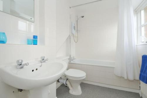 伦敦Zone 1! 2 bed duplex Apartment!的白色的浴室设有水槽和卫生间。