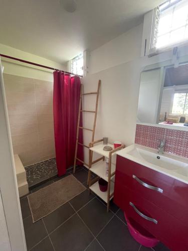 三河市Eden Créole的一间带红色淋浴帘和水槽的浴室