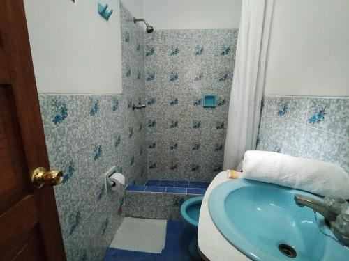 库斯科El Jardín de Jeni的浴室配有蓝色水槽和卫生间。