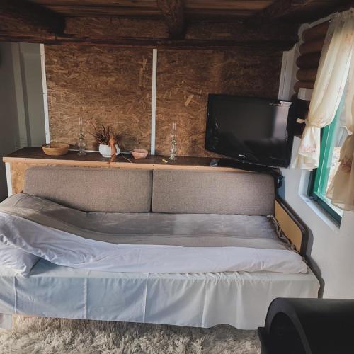 Han PijesakBrvnara Gromki - Mountain house的一间卧室设有一张带平面电视的床。