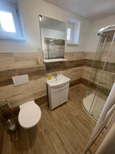 德辛Ferie Apartman 2的浴室配有卫生间、盥洗盆和淋浴。