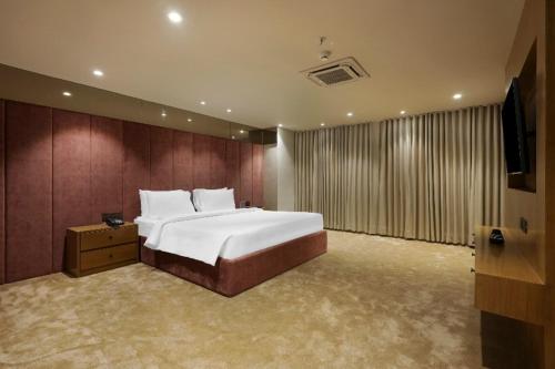 巴罗达Sunday Hotel Vadodara的一间卧室配有一张大床和电视