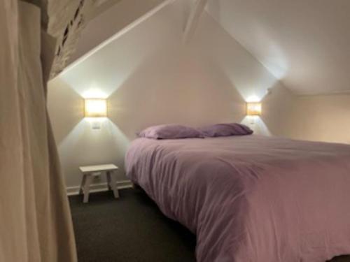 昂热Loft de 110m² dans le cœur historique d'Angers的一间卧室配有一张带两个灯的床