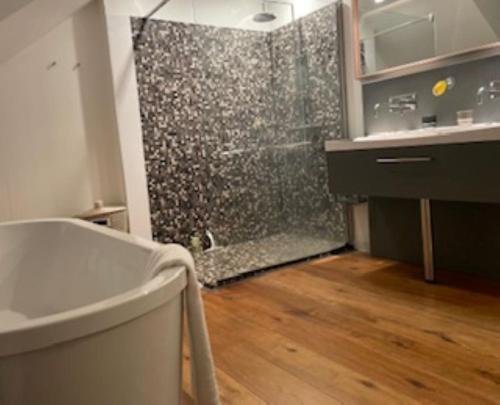 昂热Loft de 110m² dans le cœur historique d'Angers的带淋浴和浴缸的浴室