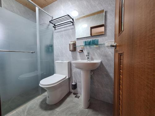 Hsing-wen森之羽民宿的浴室配有卫生间、盥洗盆和淋浴。
