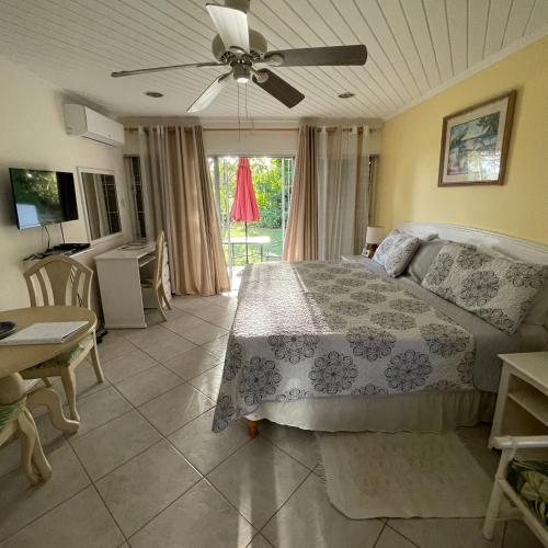 布里奇敦Studio apartment in heart of south coast Barbados的一间卧室配有一张带吊扇的床