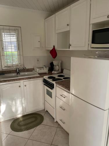 布里奇敦Studio apartment in heart of south coast Barbados的厨房配有白色橱柜和白色冰箱。