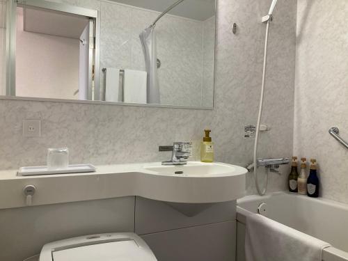 郡山Hotel Alpha-One Koriyama的一间带水槽、卫生间和镜子的浴室