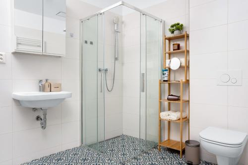 布尔诺Útulný apartmán v centru Anton的带淋浴、卫生间和盥洗盆的浴室