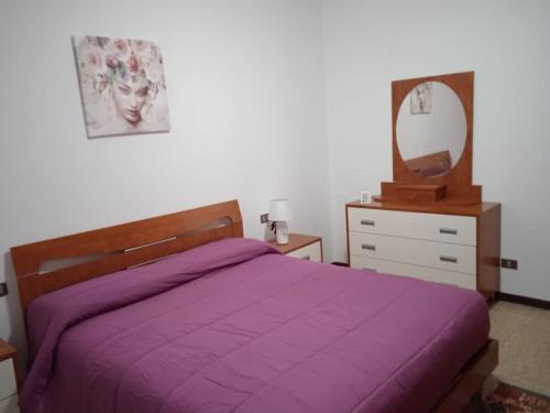 诺瓦拉La casa di Lucia Appartamento的一间卧室配有一张带梳妆台和镜子的紫色床