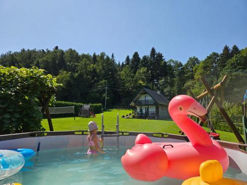 莱斯科Domki pod Polaną的游泳池里的小女孩,有粉色天鹅