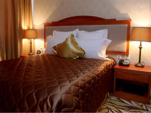Darhan布黛酒店的酒店客房设有一张大床和两盏灯