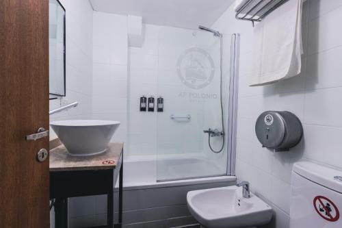 乌斯怀亚波洛尼奥角酒店的带淋浴、盥洗盆和卫生间的浴室