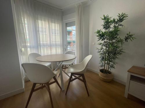 阿尔巴塞特Precioso alojamiento céntrico con garaje, terraza y aire acondicionado的一间配备有桌椅和植物的餐厅