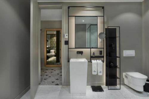 蒙特利尔Hotel St-Thomas的一间带卫生间、水槽和镜子的浴室