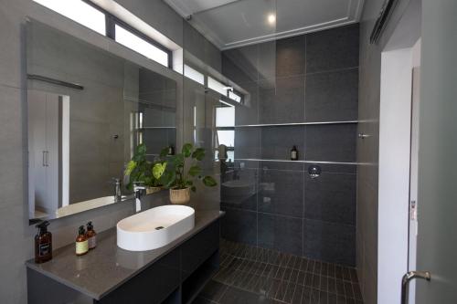 比勒陀利亚Luxurious Upmarket Apartment的一间带水槽和淋浴的浴室