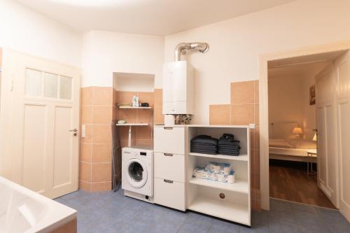 威斯巴登Altbau-Apartment im Westend I Küche I Hochparterre的洗衣房配有洗衣机和烘干机