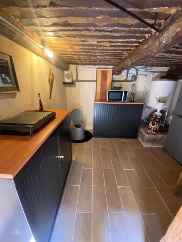 马莱莫尔Logement atypique avec jacuzzi inclus的厨房配有柜台和台面