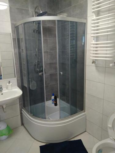 华沙Studio - noclegi pracownicze , max 7 osób的浴室里设有玻璃门淋浴