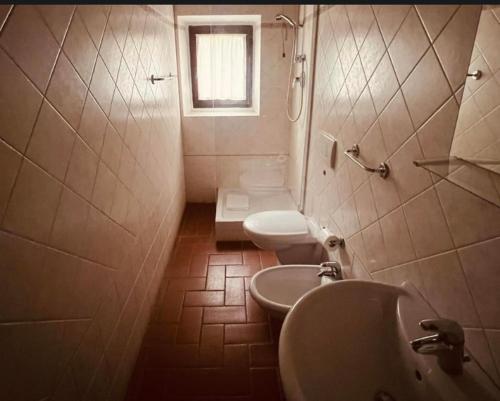 拉达-因基安蒂LOCANDA PODERE LE VIGNE的一间带水槽和卫生间的浴室以及窗户。