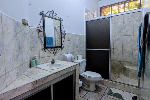 科潘玛雅遗址The Guamacaya House的浴室配有卫生间、盥洗盆和淋浴。