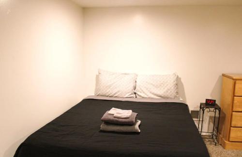 匹兹堡1 Bed Apt - Amazing Location 1 Block to Carson St的一间卧室配有一张带黑色毯子的床