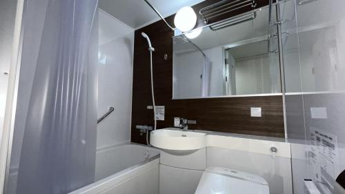 山口Hotel Alpha-One Ogori的一间带卫生间、水槽和镜子的浴室
