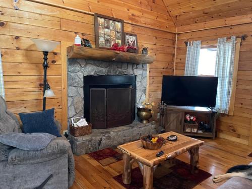 索蒂纳科奇Alpenhaus Cabins Real Log Home in Helen Ga Mountains with hot tub and balconies的客厅设有壁炉和电视。