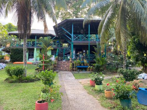 刁曼岛Nazri's Place 2的一座棕榈树的蓝色房子