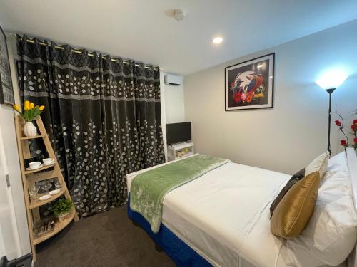 奥克兰Auckland CBD, Parnell Ensuite+Patio+Secluded Garage的一间小卧室,配有床和窗户