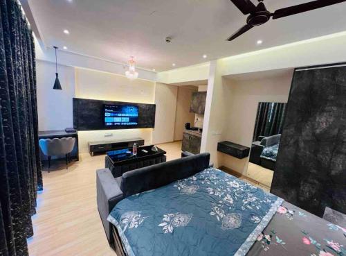 勒克瑙Royal Suites INN的带沙发和电视的大型客厅