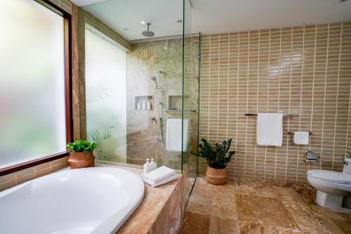 湄南海滩Miskawaan Luxury Beachfront Villas的带浴缸、淋浴和卫生间的浴室