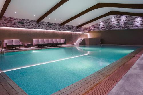 福里斯特罗阿什道恩公园酒店的一座带紫色椅子的大型游泳池
