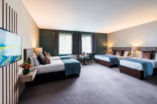 基拉尼Castlerosse Park Resort的酒店客房设有两张床和一台平面电视。