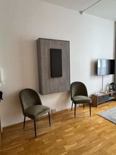 奥斯陆Studio apartment的客厅设有两把椅子,配有电视