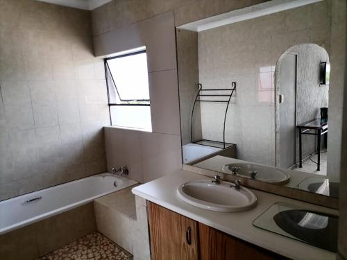 布隆方丹Eeufees Guesthouse的一间带水槽、浴缸和镜子的浴室