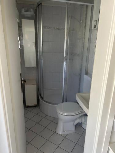 SchenkendöbernFerienhaus Fjola的浴室配有卫生间、淋浴和盥洗盆。