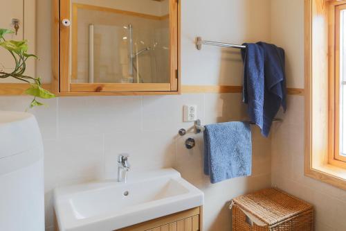 InnsetCabin Huskyfarm Innset的浴室设有水槽、镜子和蓝色毛巾