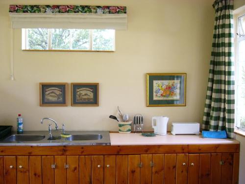 海姆维尔Mkomazana Mountain Cottages的带水槽的厨房台面和窗户