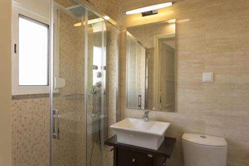 里斯本加斯帕之家旅馆的浴室配有卫生间、盥洗盆和淋浴。