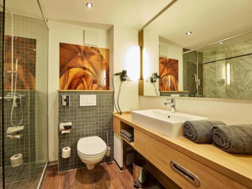 希莱斯海姆Augustiner Hotel的一间带水槽、卫生间和淋浴的浴室