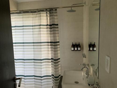 戈多伊克鲁斯Serenity的浴室配有淋浴帘和盥洗盆。