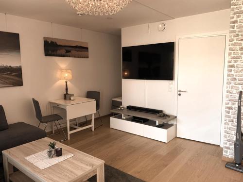 滕斯贝格MyCondo no - Tønsberg Brygge的带沙发、桌子和电视的客厅