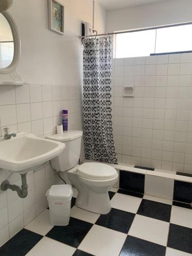 皮斯科Apartamento en Pisco的一间带水槽、卫生间和淋浴的浴室