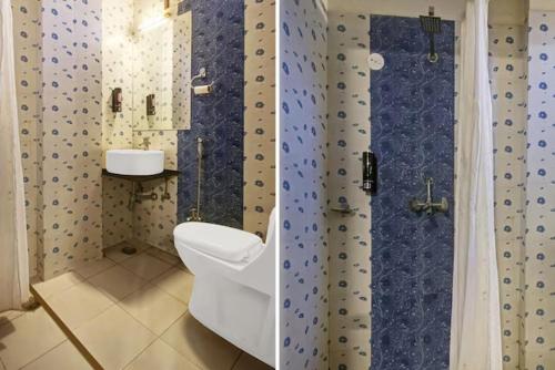 斋浦尔Tipsyy Inn & Suites Jaipur的带淋浴、卫生间和盥洗盆的浴室